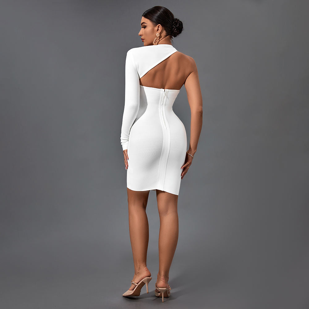 Backless One Shoulder Sleeve Irregular Sexy Hollow Bandage Slim Long Sleeve Dresses