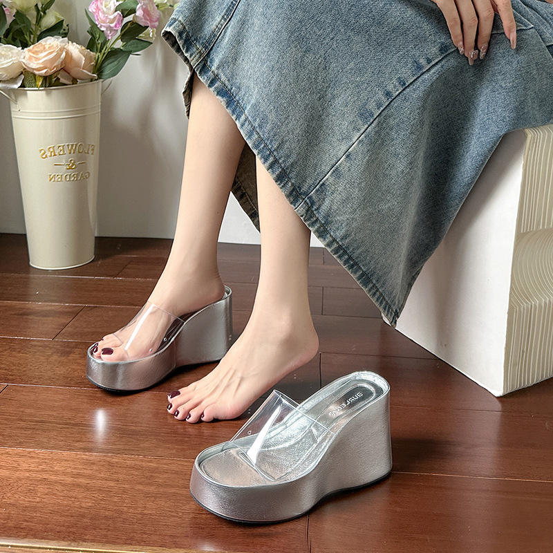 Thick Heel Platform Sandals Women's Summer Casual round Head PVC Material Beach Slippers Transparent Strap Casual Slip-On Shoes