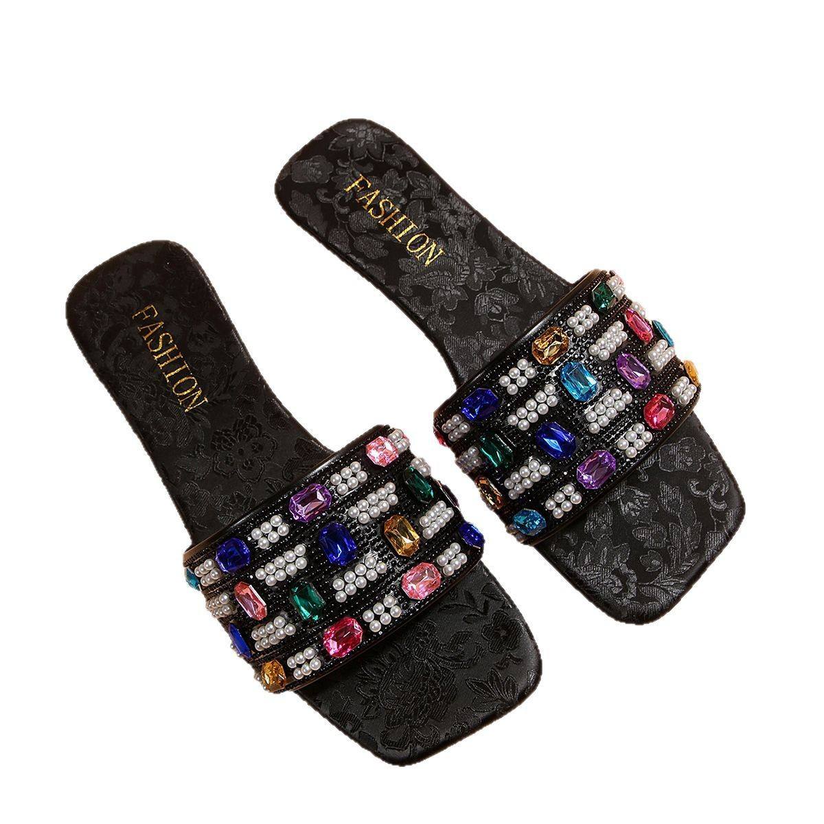 Colorful Diamond Flat Sandals Women's Summer Fashion Square Head Slip-On Shoes Breathable Lightweight PU Leather