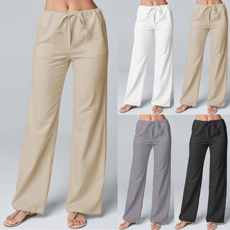 Women Cotton Linen Pants Solid Color Elastic Loose Drawstring Wide-Leg High Waist Trousers Female Stretch Straight Casual Pants