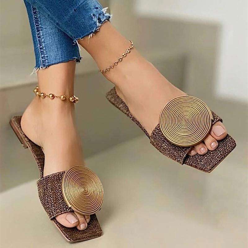 Women's Outdoor Casual Sandals Square Toe Flat Heel Round Disk Décor Daily Wear Beach Slippers for Women - Natalia Home Fashion