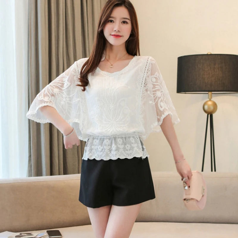 Loose Lace Blouse Women Butterfly Sleeve Chiffon Shirt Woman Fashion Casual Floral Shirt Tops