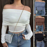 Sexy Shoulder Bared Long Sleeve Slim Fit Outwear Asymmetric Belly Bared Pleated T-Shirt Style Short New Arrival Acetate Fabric