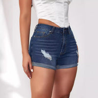 Summer A- Line Women's Denim Shorts High-Waisted Slimming Wide-Leg Rolled Edge Casual Style Blue Stretch Jeans