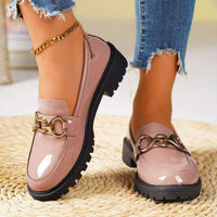 Women's Mary Jane Platform Shoes Round  Head Spring New Metal Chain Casual Soft Patent Leather Slip on Loafers