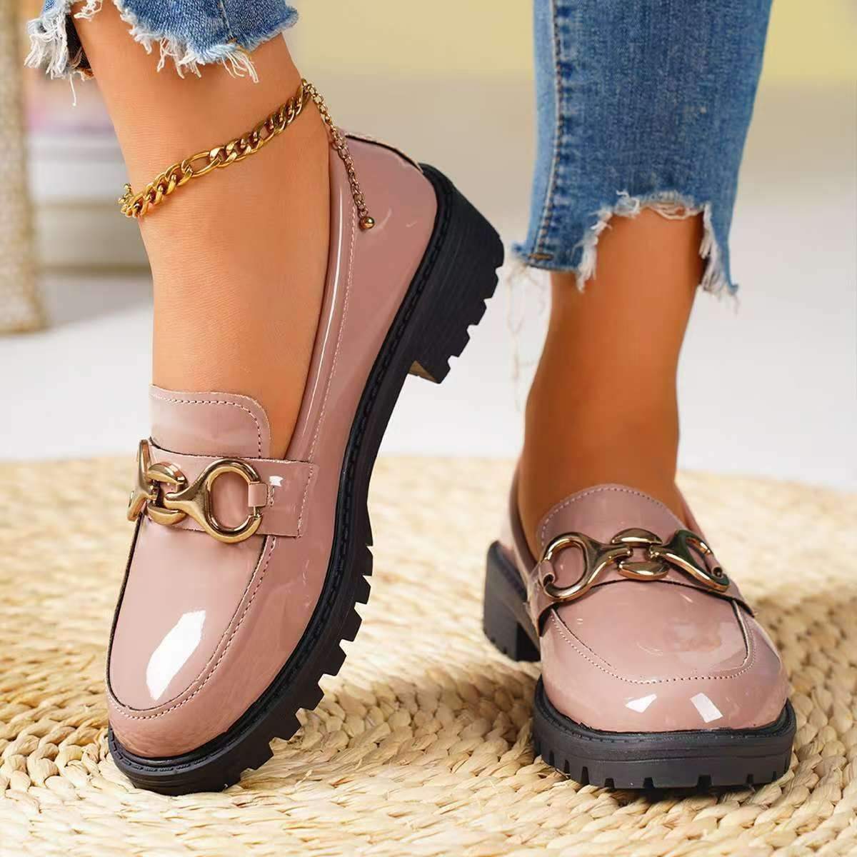 Women's Mary Jane Platform Shoes Round  Head Spring New Metal Chain Casual Soft Patent Leather Slip on Loafers