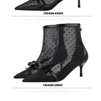 Fashion Women Ankle Boots Pointed Toe Short Pointed Toe Bow Design Thin Low Heels Back Zipper Fashion Boots Air Mesh Boots