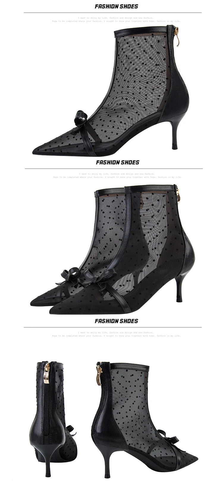 Fashion Women Ankle Boots Pointed Toe Short Pointed Toe Bow Design Thin Low Heels Back Zipper Fashion Boots Air Mesh Boots
