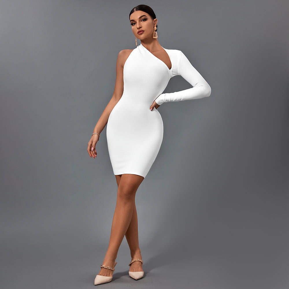 Backless One Shoulder Sleeve Irregular Sexy Hollow Bandage Slim Long Sleeve Dresses