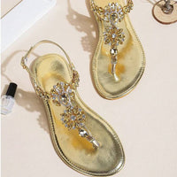 Ladies Rhinestones Sandals Summer Beach Slippers for Women Clip Toe Chain Sandals Shiny Crystal Fashion Casual Flat Bottom Shoes