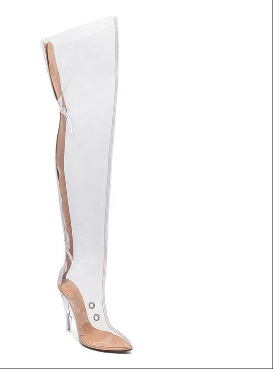 Sexy Transparent PVC High Heels Thigh Boots Pointed Toe Crystal Heels Women Clear Over The Knee Runway Stage Boots