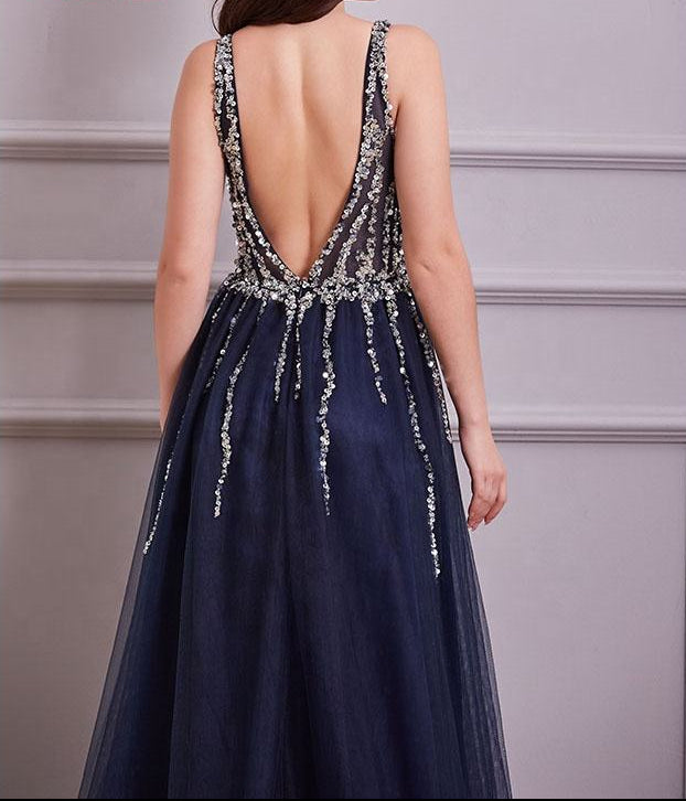 Evening Dress Luxury A-Line  Thin Straps Crystal Beaded Open Back formal Floor Length ball Gown Natalia Home Fashion    Natalia Home Fashion