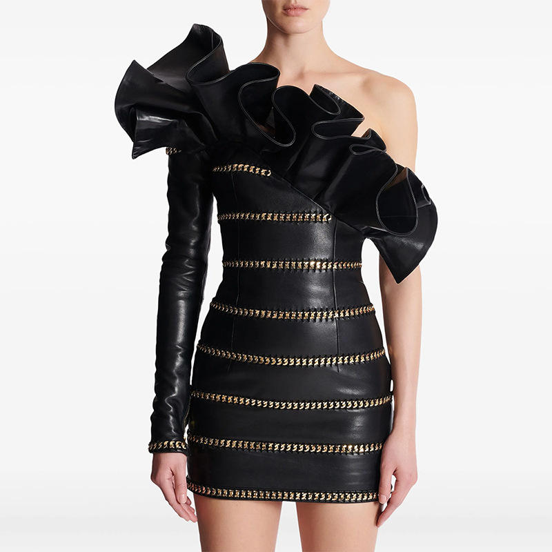 Elegant Socialite Fashion New Heavy Chain Three-Dimensional Ruffle Off-Shoulder Leather Dress Sexy Mini Dress