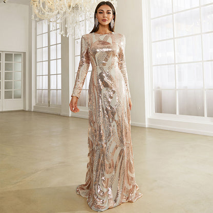 Round Neck Long Sleeved Sequin A Line Evening Dress Banquet Prom Maxi Wedding Bride Dress