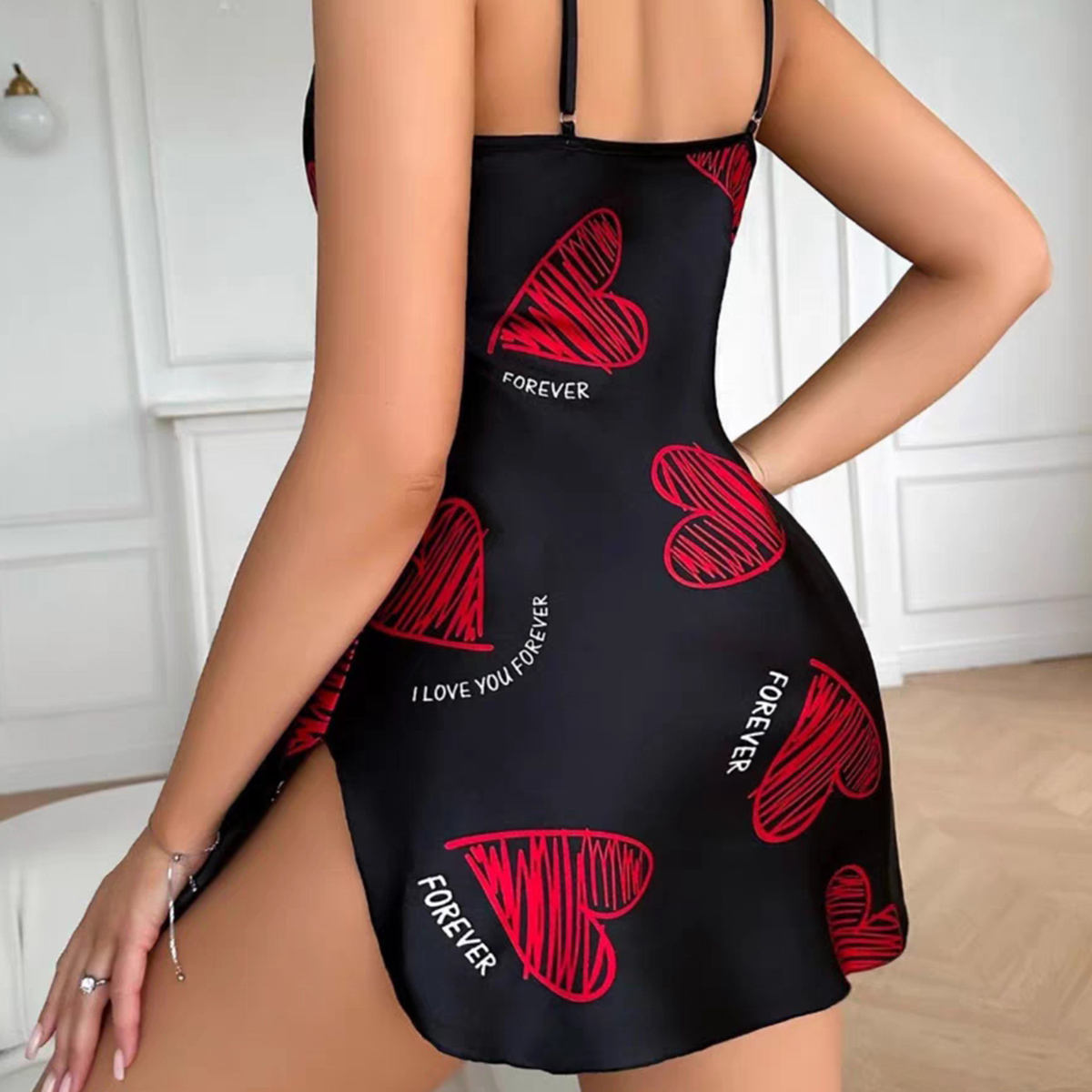 Print Satin Slip Nightdress V Neck Backless Mini Sleep Dress Women Sleepwear Dresses Nightgown