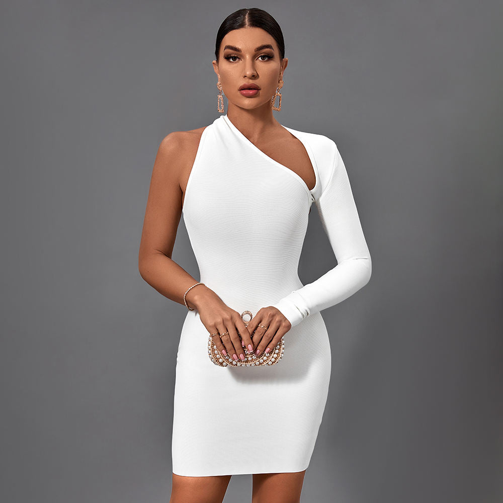 Backless One Shoulder Sleeve Irregular Sexy Hollow Bandage Slim Long Sleeve Dresses