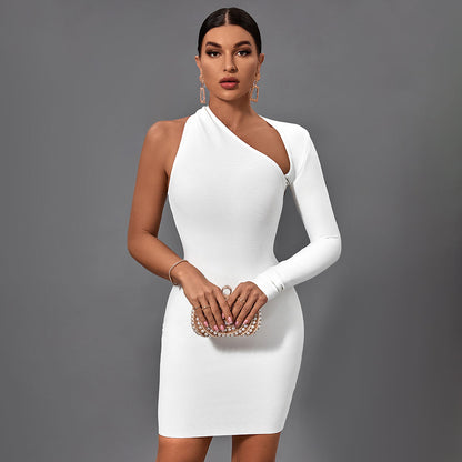 Backless One Shoulder Sleeve Irregular Sexy Hollow Bandage Slim Long Sleeve Dresses