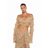 Chiffon Floral 2 Pc Bikini Set Long Sleeve Backless Crop Tops Women Transparent Bodycon Skirts Sexy Beach Casual