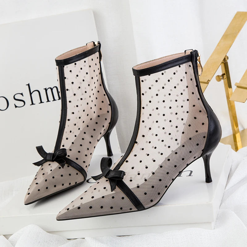 Fashion Women Ankle Boots Pointed Toe Short Pointed Toe Bow Design Thin Low Heels Back Zipper Fashion Boots Air Mesh Boots