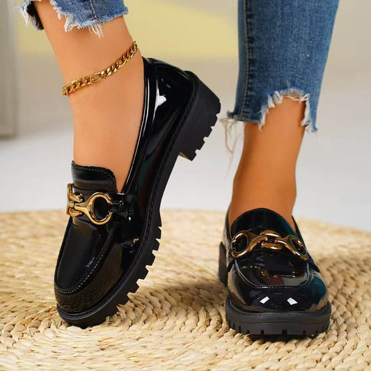Women's Mary Jane Platform Shoes Round  Head Spring New Metal Chain Casual Soft Patent Leather Slip on Loafers