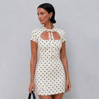 Polka Dot Mini Dresses For Women Casual Short Sleeve Lace Up Collar Dress Sexy Lady Club Party Woman Evening Dress
