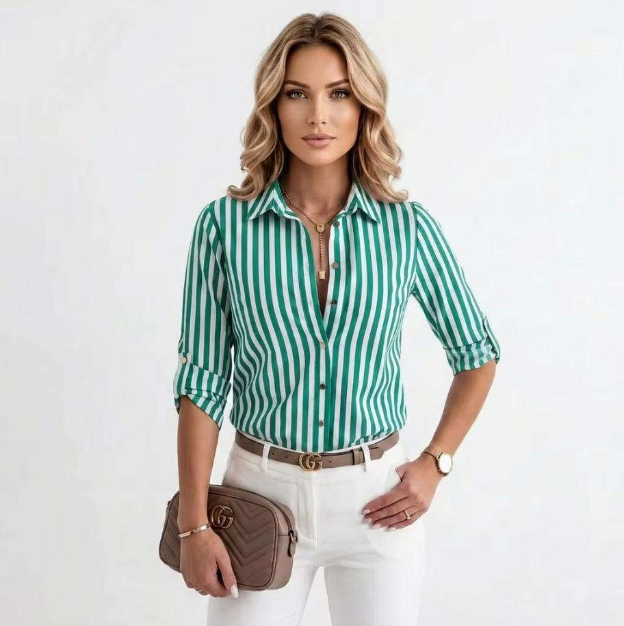 Women's Long Sleeve Striped Button-Up Shirt with Classic Lapel Collar and Curved Hem - Casual Office Wear Tops