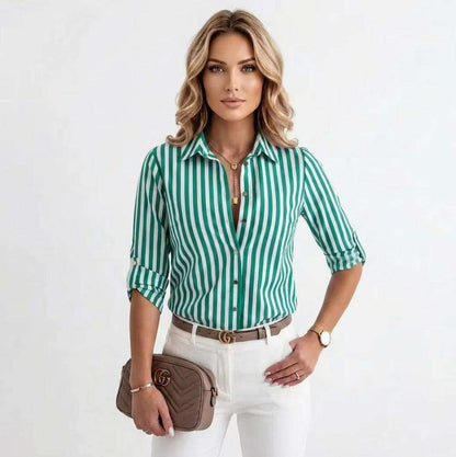 Women's Long Sleeve Striped Button-Up Shirt with Classic Lapel Collar and Curved Hem - Casual Office Wear Tops