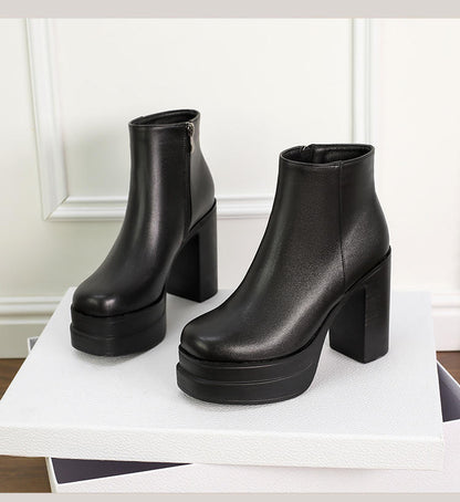 Fashion Casual Zipper Pointed Toe Soft Leather Women Shoes Square High Heel Ankle Boots Black Motorcycle Boots Shoes