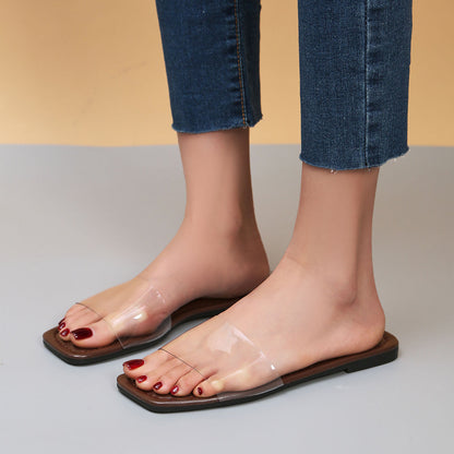 Women's flat slippers square head shallow mouth open toe transparent belt soft sole anti-slip wear-resistant sandals Natalia Home Fashion    Natalia Home Fashion