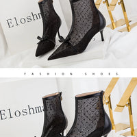 Fashion Women Ankle Boots Pointed Toe Short Pointed Toe Bow Design Thin Low Heels Back Zipper Fashion Boots Air Mesh Boots