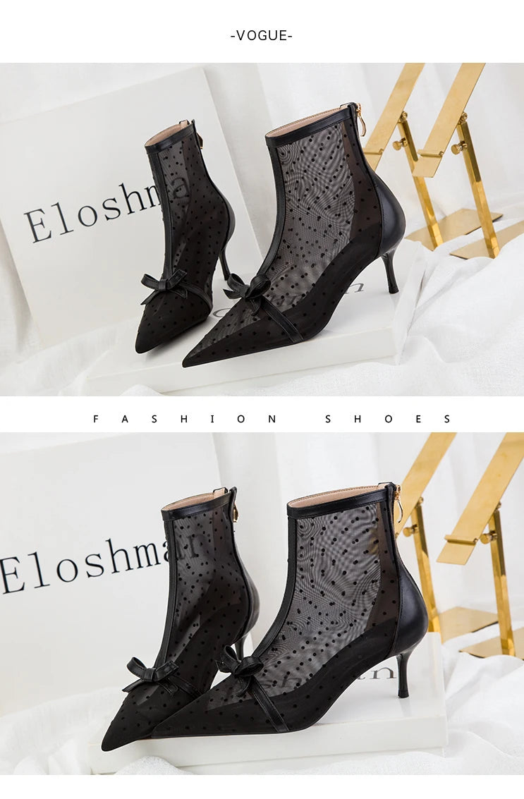 Fashion Women Ankle Boots Pointed Toe Short Pointed Toe Bow Design Thin Low Heels Back Zipper Fashion Boots Air Mesh Boots