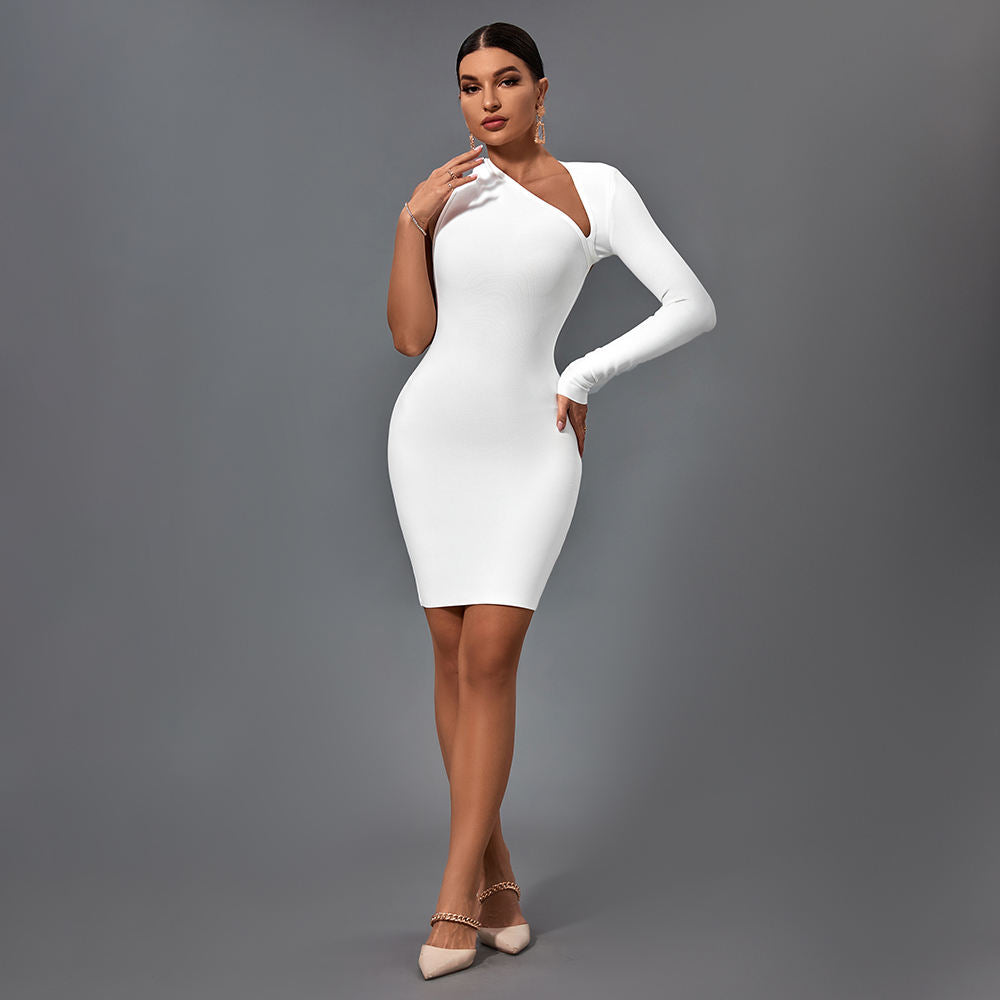Backless One Shoulder Sleeve Irregular Sexy Hollow Bandage Slim Long Sleeve Dresses