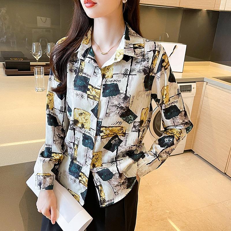 Print Lady Blouse Buttons Long Sleeve Sateen Shirt Elegant Fashion All-match Blouse Top Women