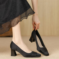 Elegant Satin High Heels Square Toe Slip-On Chunky Heel Comfortable Women's Shoes for Party Fashion Footwear