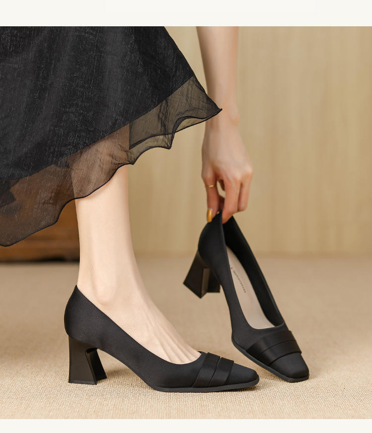 Elegant Satin High Heels Square Toe Slip-On Chunky Heel Comfortable Women's Shoes for Party Fashion Footwear