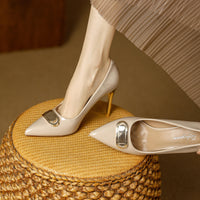 French Style Single Shoes Spring Women Pumps New Pointed Toe Shallow Mouth Metallic Buckle Commuting Shoes Stiletto Single Shoes