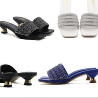 Low Heel Slippers Elegant Lady Square Toe Sandals Luxury Rhinestone High Heels Mules  Slip-on Women Shoes - Natalia Home Fashion