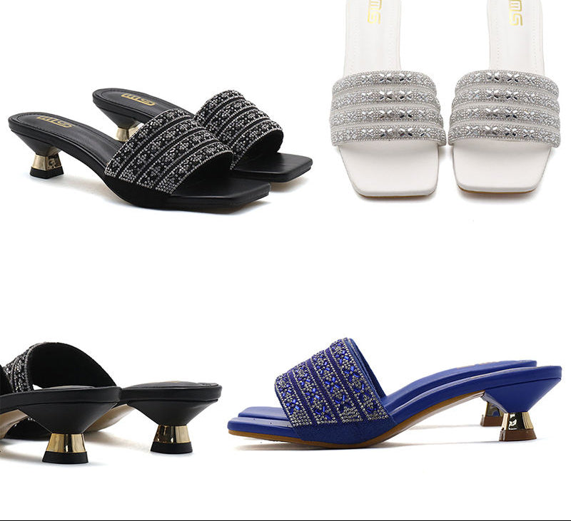 Low Heel Slippers Elegant Lady Square Toe Sandals Luxury Rhinestone High Heels Mules  Slip-on Women Shoes - Natalia Home Fashion