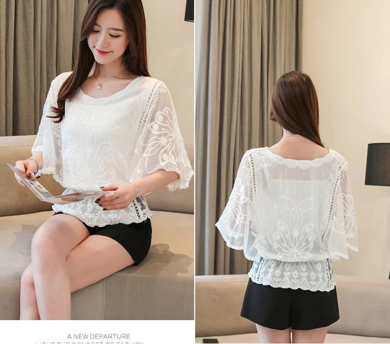 Loose Lace Blouse Women Butterfly Sleeve Chiffon Shirt Woman Fashion Casual Floral Shirt Tops