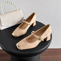 Retro Square Head Mary Jane Shoes Women Comfortable Slip-On High Heels Casual Velvet Upgraded Rubber Sole
