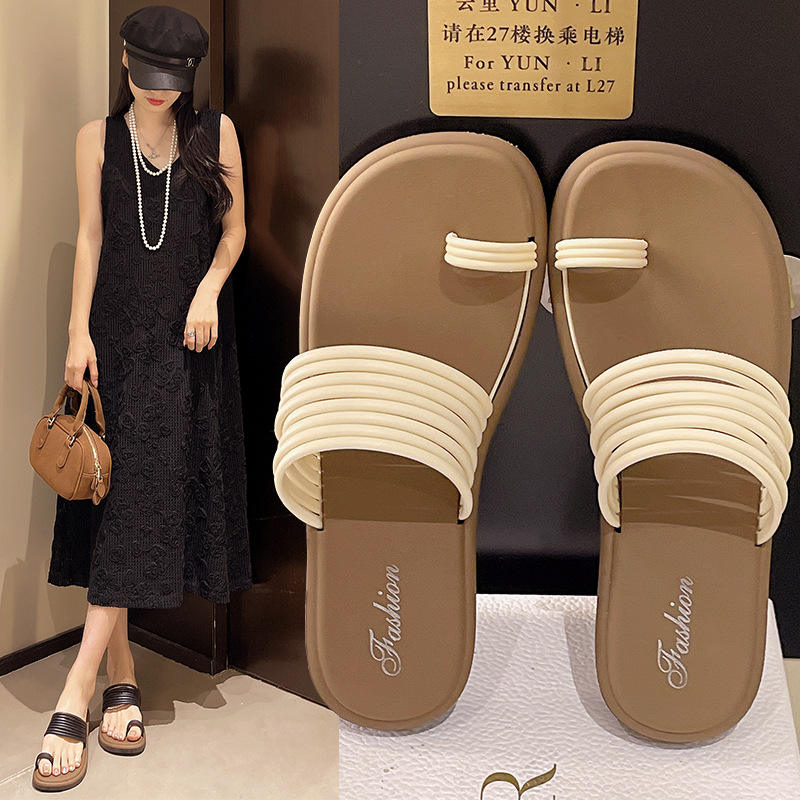Women's Flat Sandals Summer Outdoor Wear Niche Design Sensation Thin Strap Toe Covering Roman Beach Slippers Comfortable