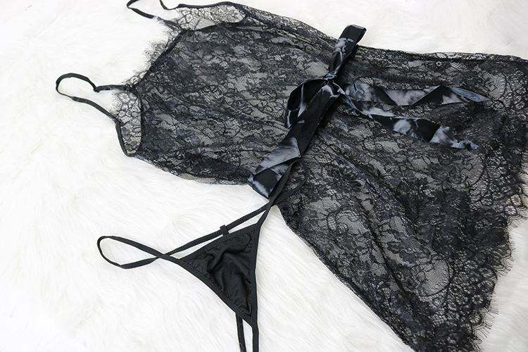 Women Lace Lingerie Sleep dress  Black Ladies Nightwear Sexy See Though Underwear Spaghetti Strap Chemise Sleepwear