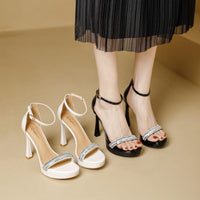 Suede Women's Sandals Thin Heels 9cm Ankle Buckle Rhinestone Straight Straps Cover Heel Ladies Pumps Dress Shoes