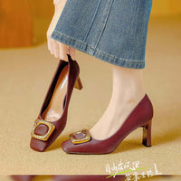 Basic Shallow Square Toe Women Pumps High Quality PU Leather Matte Thick Heel Office Shoes Woman Maroon 7CM High Heels