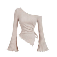 Fashion Slant Shoulder Street Personalized Style Spicy Girl Irregular Tie Rope Long Sleeve Slimming T-shirt Women's Wear