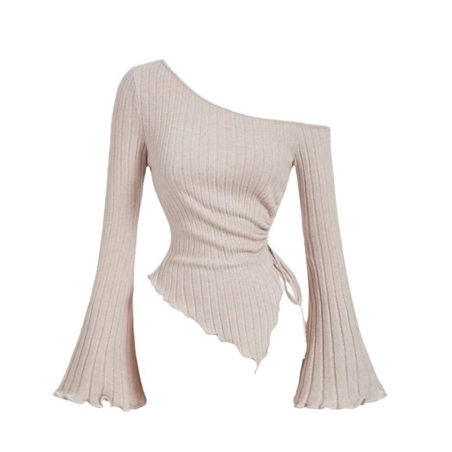 Fashion Slant Shoulder Street Personalized Style Spicy Girl Irregular Tie Rope Long Sleeve Slimming T-shirt Women's Wear