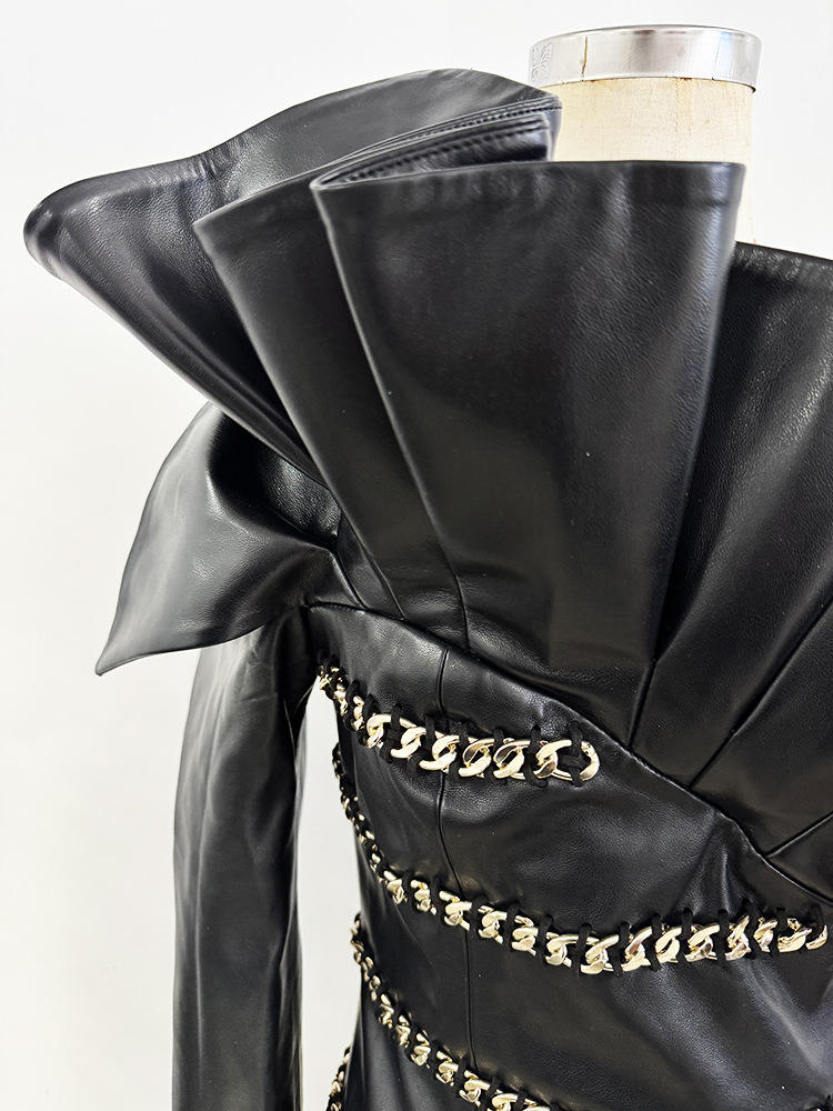 Elegant Socialite Fashion New Heavy Chain Three-Dimensional Ruffle Off-Shoulder Leather Dress Sexy Mini Dress