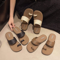 Women's Flat Sandals Summer Outdoor Wear Niche Design Sensation Thin Strap Toe Covering Roman Beach Slippers Comfortable