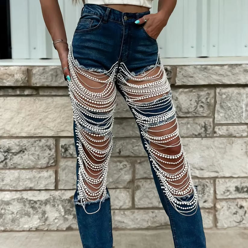 Heavy Duty Denim Jeans Women's High Waist High Elasticity Hole Punching Beading Long Pants Trendy Spicy Girl Style