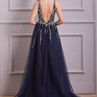Evening Dress Luxury A-Line  Thin Straps Crystal Beaded Open Back formal Floor Length ball Gown Natalia Home Fashion    Natalia Home Fashion